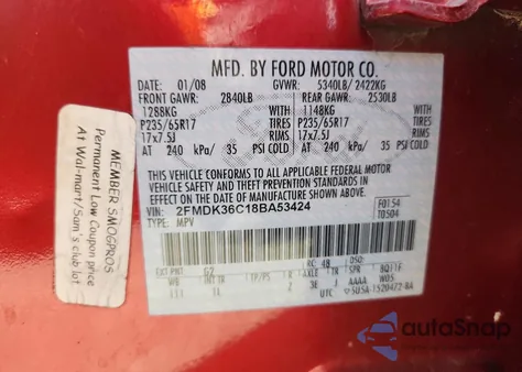 2008 Ford Edge Se из США, поврежденный, VIN 2FMDK36C18BA53424